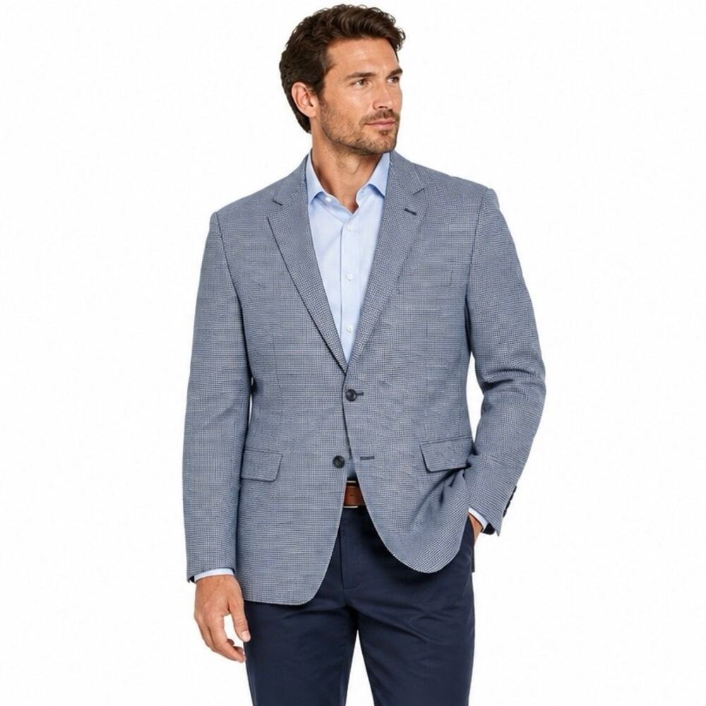 Andrew Fezza Signature Collection Mens Blue Houndstooth Sport Coat 38S 100% Wool